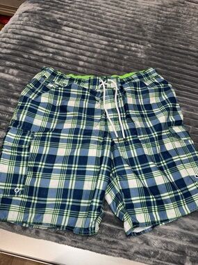 The Foundry Supply Co. Plaid Swim Trunks in Navy, Light Blue & Lime